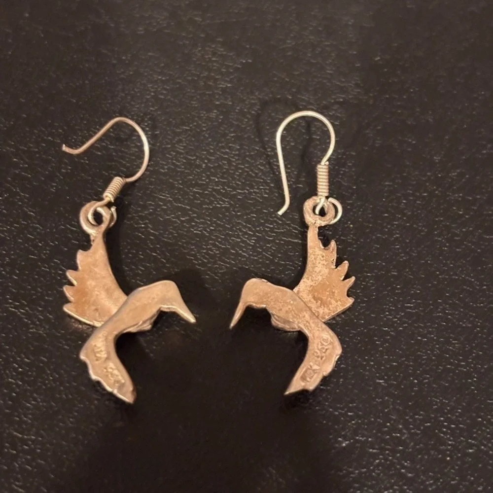 Vintage Mexico 950 Silver Signed Opal In-lay Hummingbird Dangle Drop Earrings